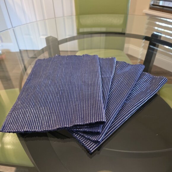Woven Blue & Shiny Silver Thread Striped Placemats - Set Of 4 - 18" X 13" - Picture 3 of 10